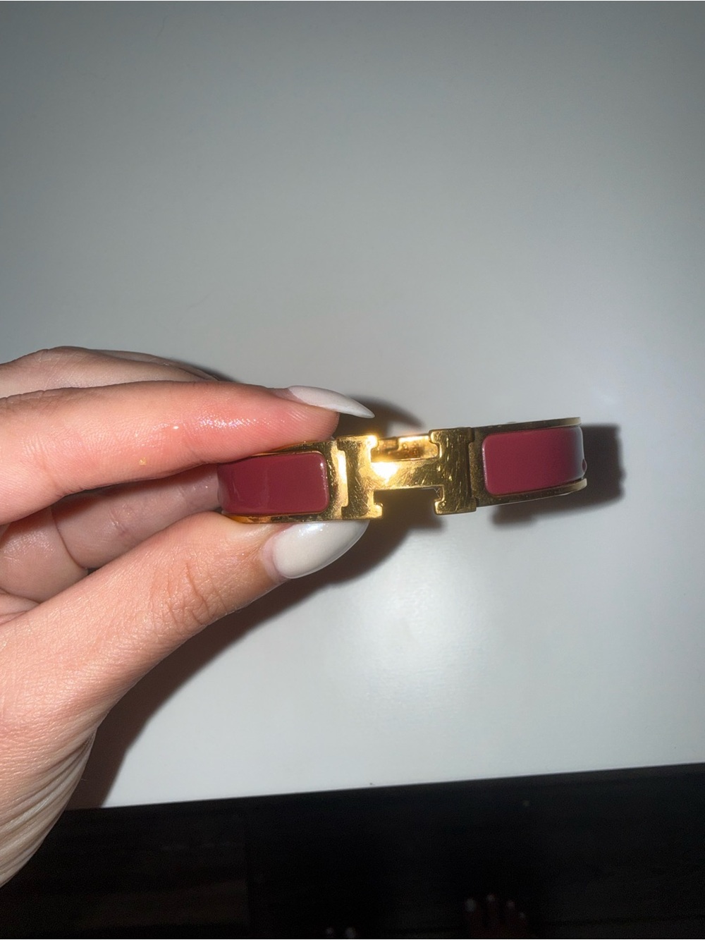 Hermes Enamel H Bracelet in Burgundy and Gold